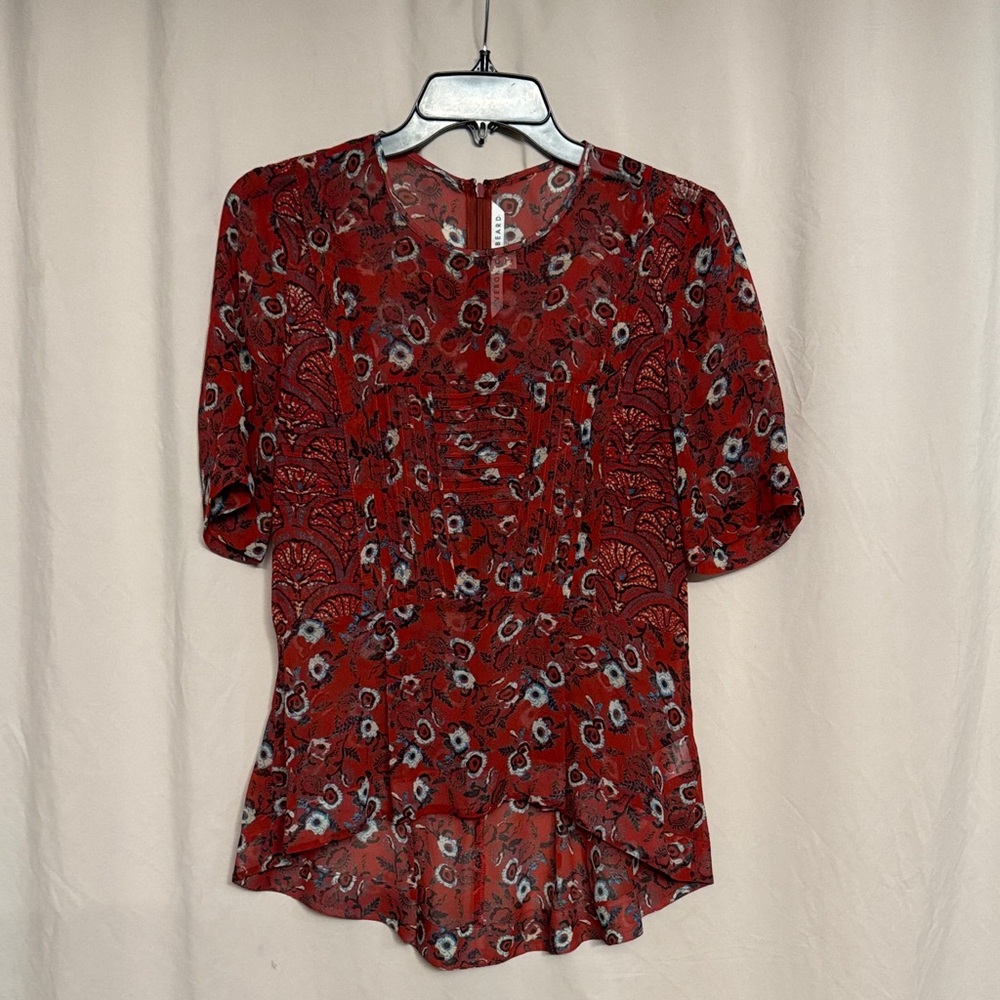 Veronica Beard 100% Silk Floral High-Low Top, Size 4, Color Dark Red/Blue/White